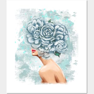 Girl with big peonies on her head Posters and Art